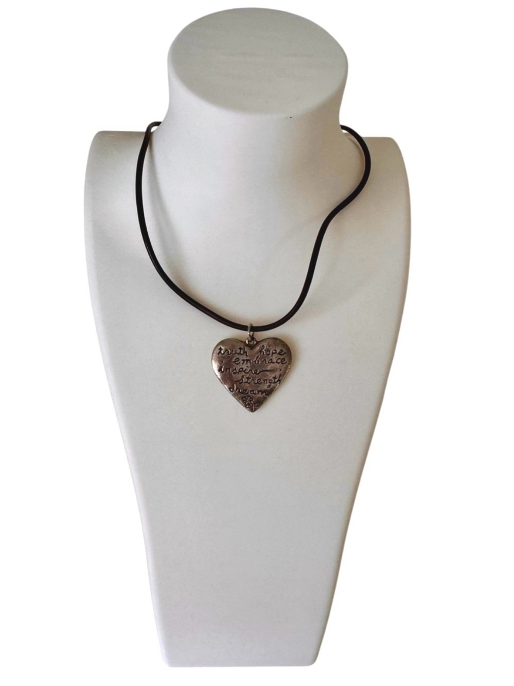 American Eagle Engraved Heart Pendant Necklace Brown Leather Cord Inspirational